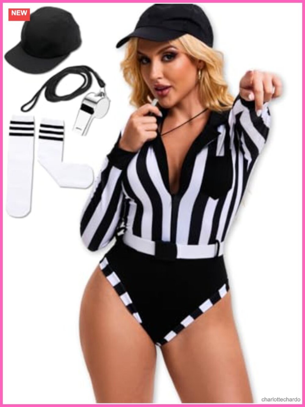 Women's Sexy Referee Costume 5pc Set Bodysuit Hat Whistle Belt